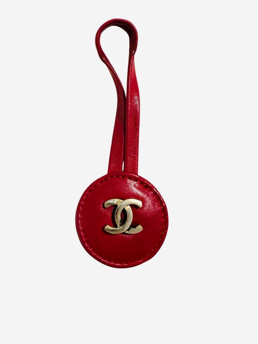 CHANEL Red Leather Round CC Bag Charm with Gold Tone Logo